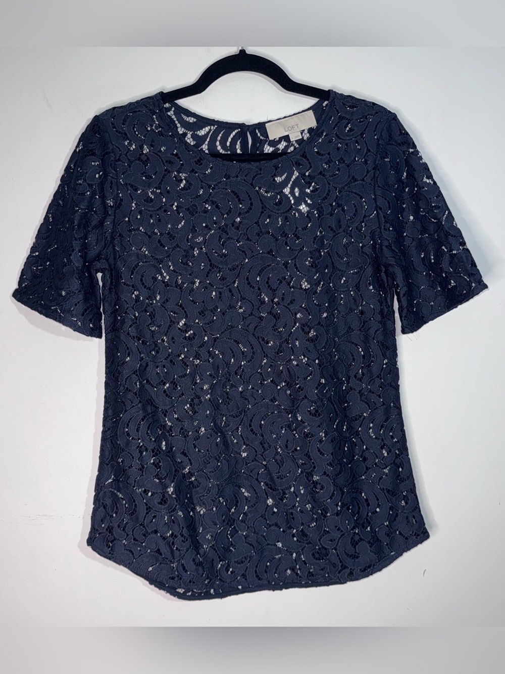 Ann Taylor LOFT Navy Lace Blouse Top Size Small NWT Short Sleeve Floral